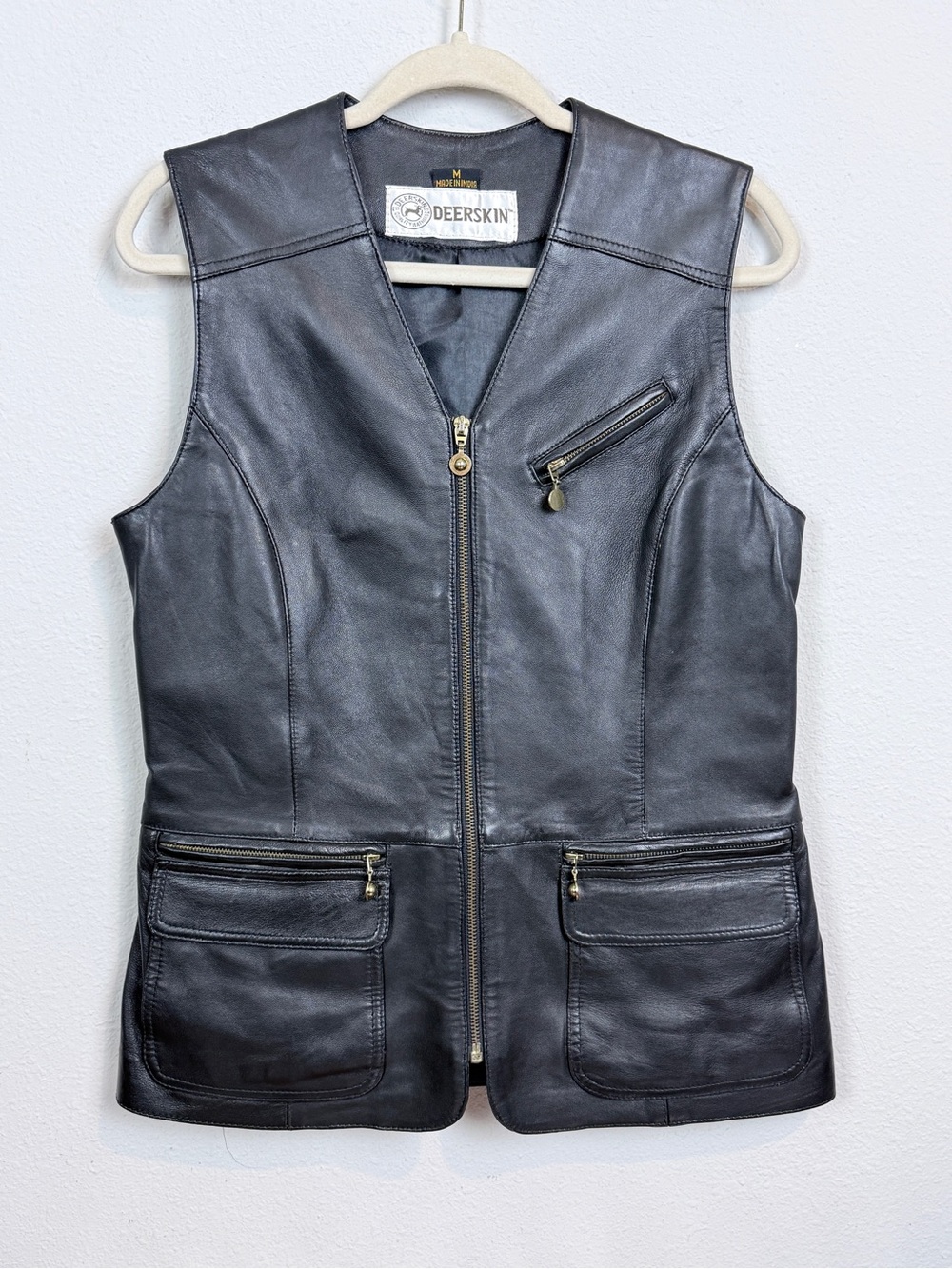 Vintage Deerskin Black Leather Sleeveless Zip Up Vest M